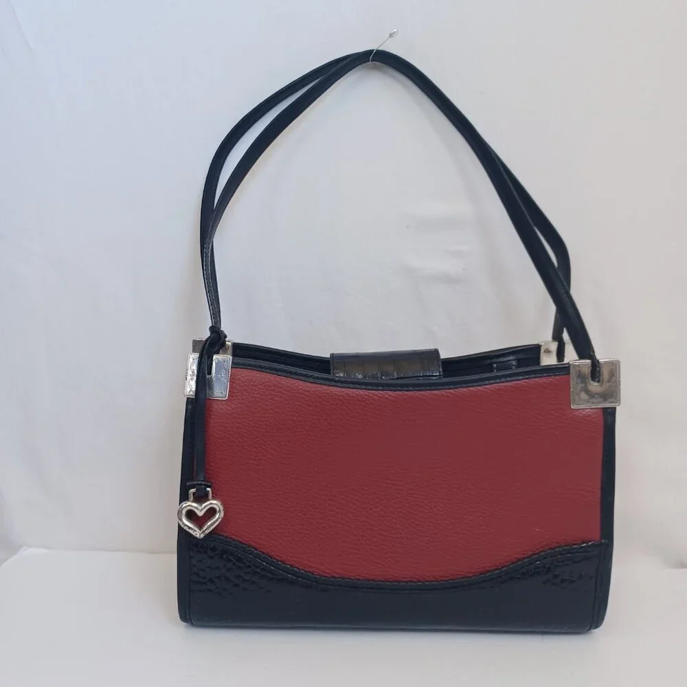 Brighton Bag Leather Shoulder Handbag Croc-Embossed Black‎ Maroon